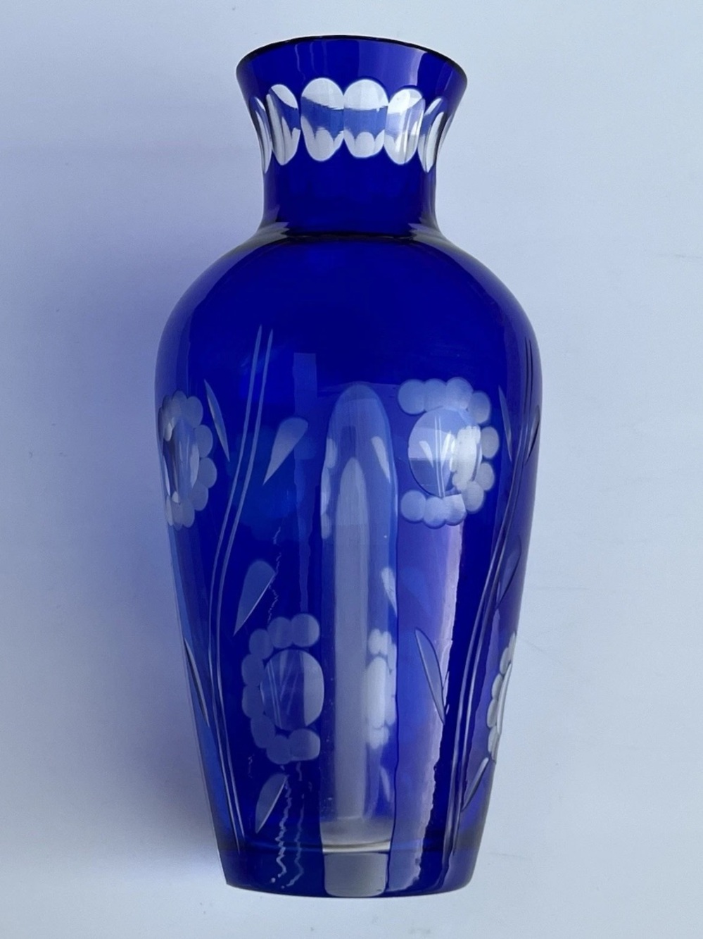 Vintage Cobalt Blue Bohemian Cut to Clear Glass Crystal Vase